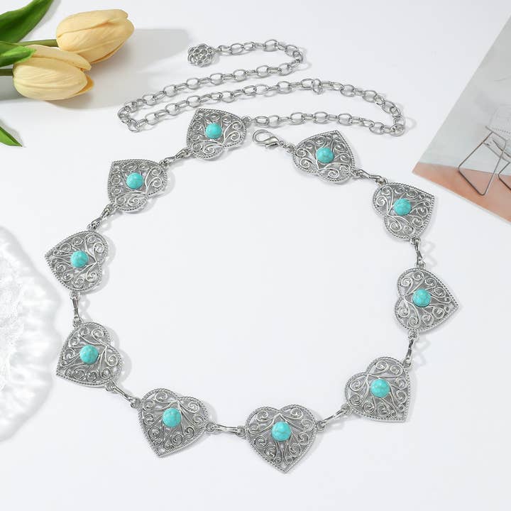 Tourtiwi - Wholesale Belt - Women's - Boho Heart Shape Turquoise - Inlaid Metal Waist Chain2