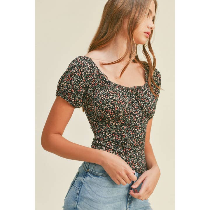 FLORAL PRINT SWEETHEART NECKLINE SELF TIE FRONT SHORT PUFF S for wholesale by Timeless