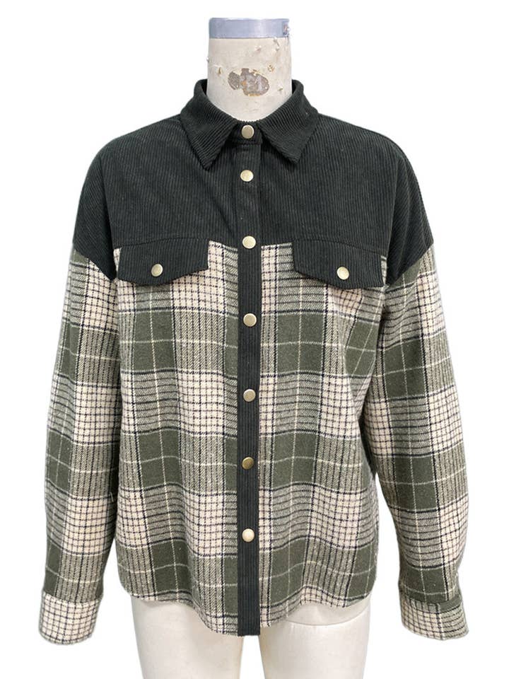 GREEN Plaid Corduroy Button-Up Shirt for wholesale on Faire5
