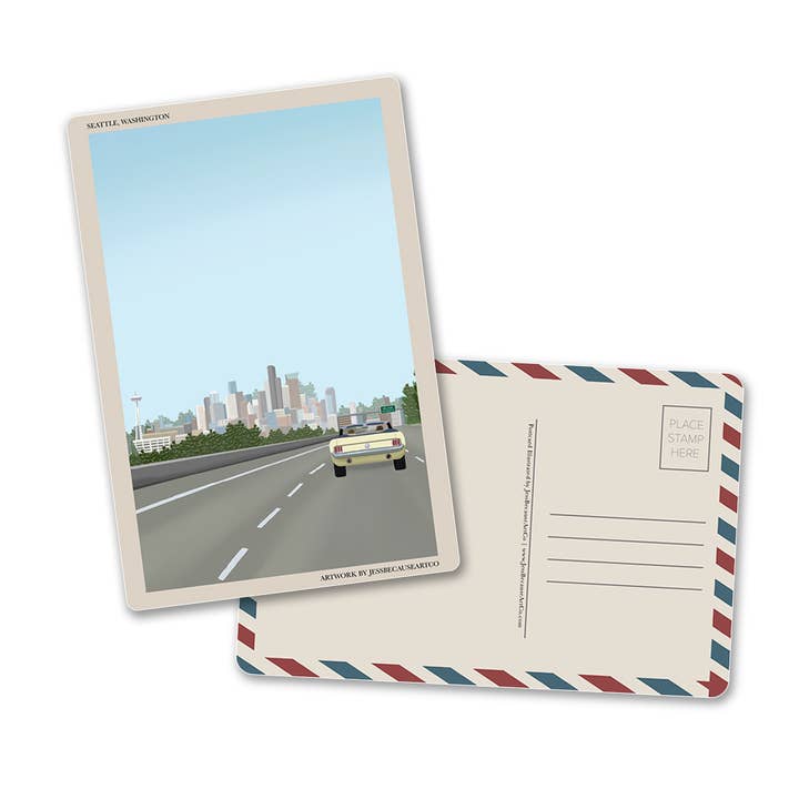 Seattle Road Trip: Washington Retro Postcard for wholesale by JessBecauseArtCo