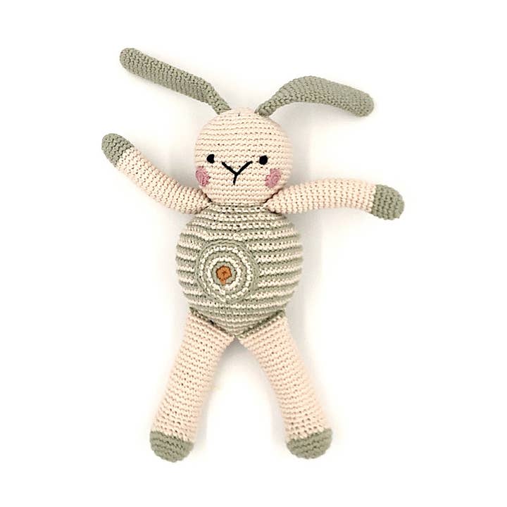 Organic Bunny Baby Rattle – Cream with Teal Belly Spot for wholesale by Pebble