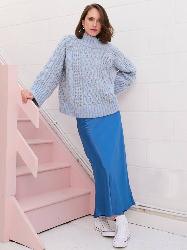 Sarah High Neck Cable Wide Sleeve Jumper - Blue for wholesale by Cara & The Sky