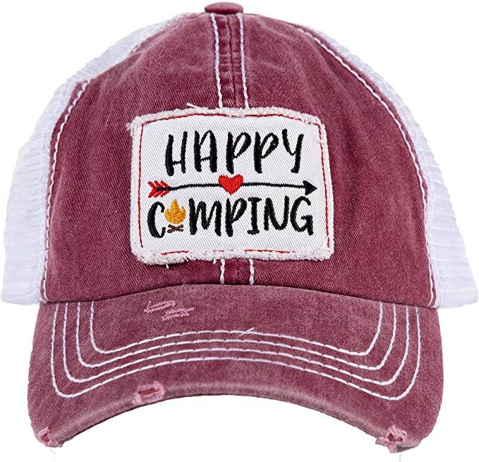 Funky Junque - Venta al por mayor Gorra trucker - Mujer - Gorra de béisbol de malla con parche (Happy Camping -Burgundy)2