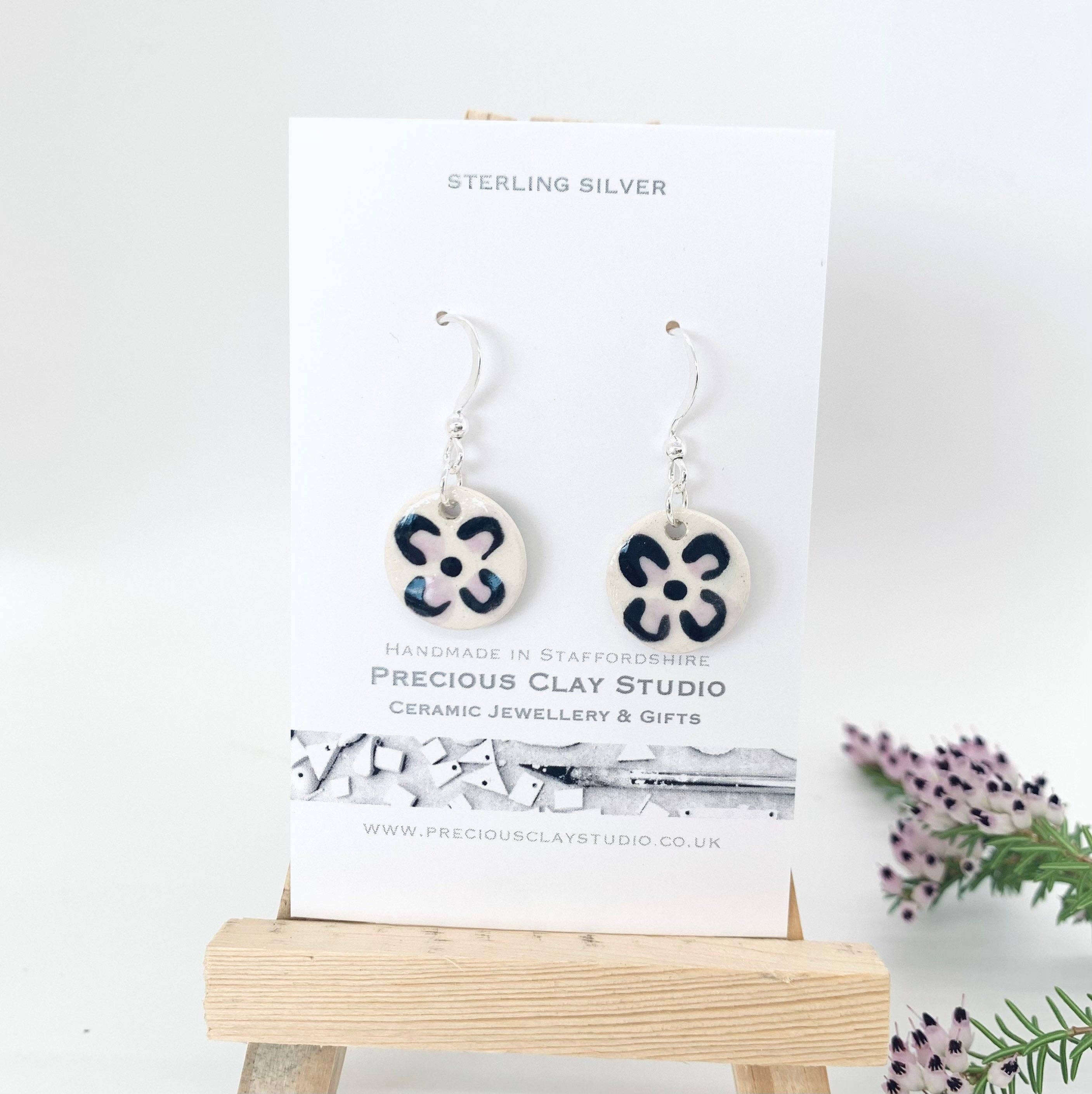 Precious Clay Studio - Wholesale Dangle Earrings - Black/Lilac Flower Earrings - Sterling Silver