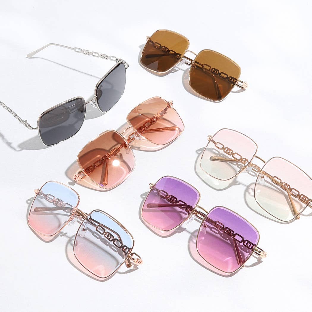 12 CORES SORTIDAS Óculos de sol em forma de corrente de lentes coloridas com armação fina para venda a revendedores na Faire5