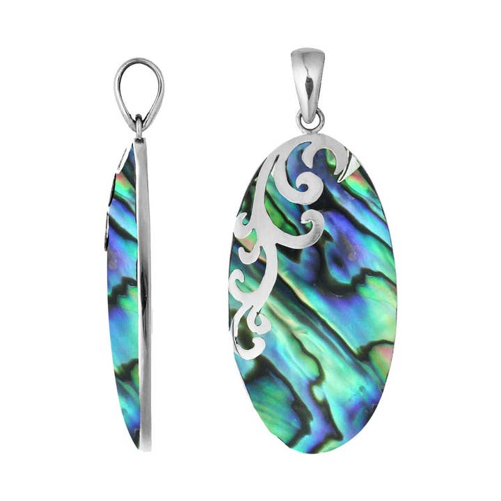 AP-7034-AB Ciondolo Ovale in Argento Sterling con Conchiglia di Abalone e Design a Volute Lucidate per la vendita all'ingrosso da parte di Bali Designs
