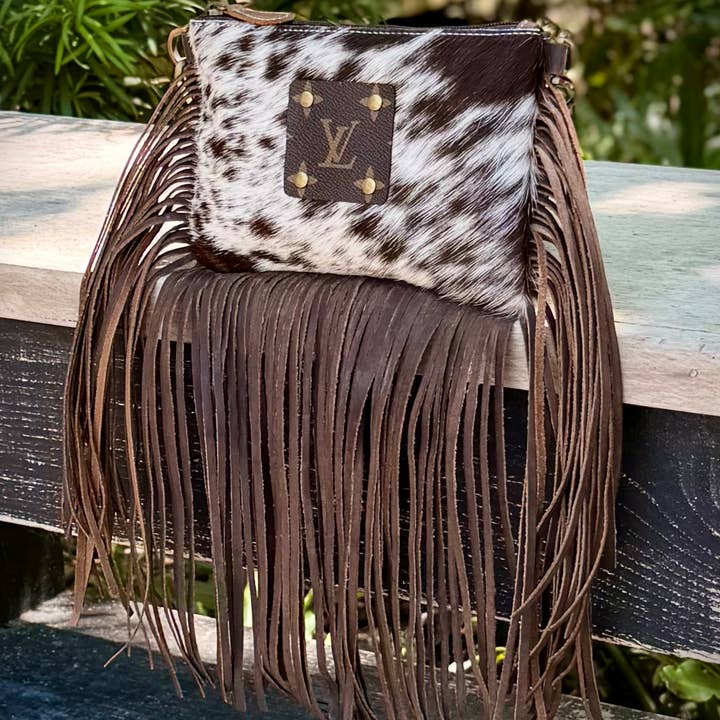 Southern Junkie Gypsy Boutique - Wholesale Crossbody Bag - Women's - Upcycled LV Cowhide Leather Fringe Crossbody Bag Western