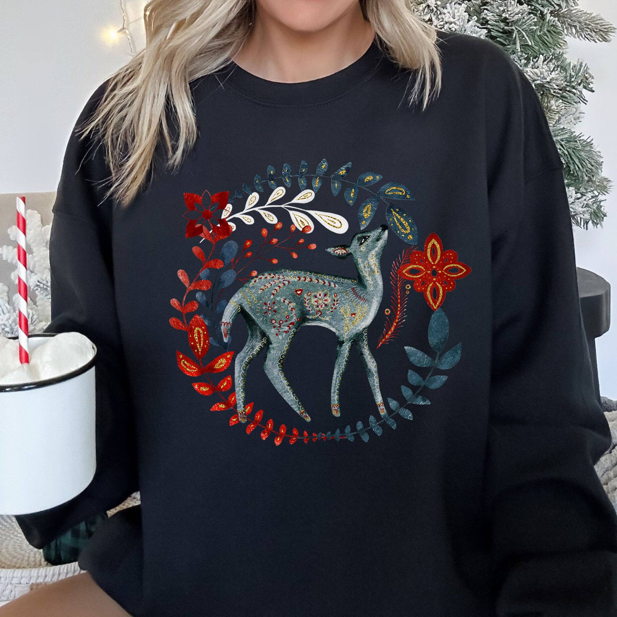 Refinery Number One LLC – wholesale Graphic sweatshirt – Women’s – Deer Folk Art Scandinavian Christmas Sweatshirt1