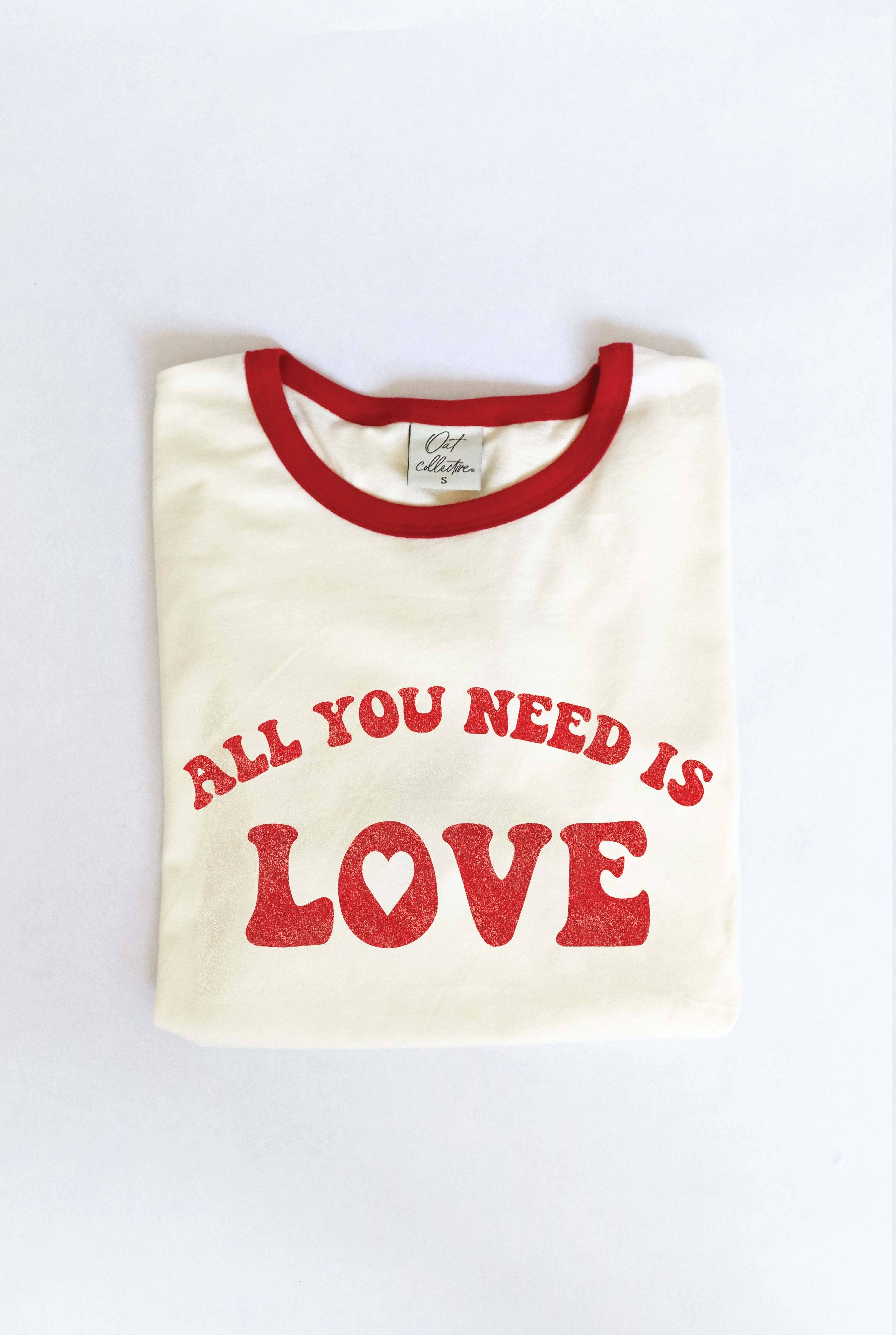 OAT COLLECTIVE - Wholesale Screen Printed T-Shirt - Women's - ALL YOU NEED IS LOVE  Ringer Graphic T-Shirt6