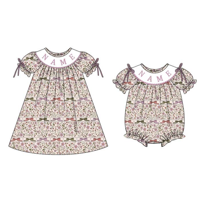 Girls Custom Name Embroidery Smock Pink Floral Fall Dress & Bubble for wholesale by Auraquise