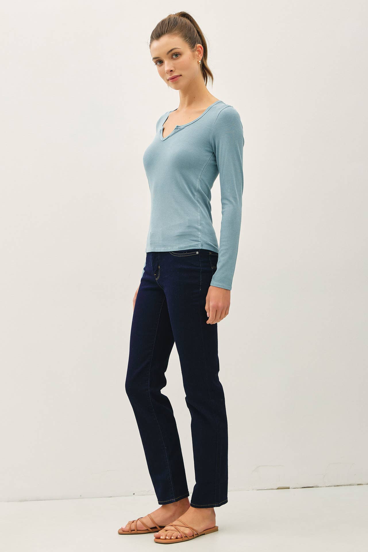 Be Cool - Wholesale Knit Top - Women's -  RIBBED NOTCHED NECK LONGSLEEVE BASIC TOP 6