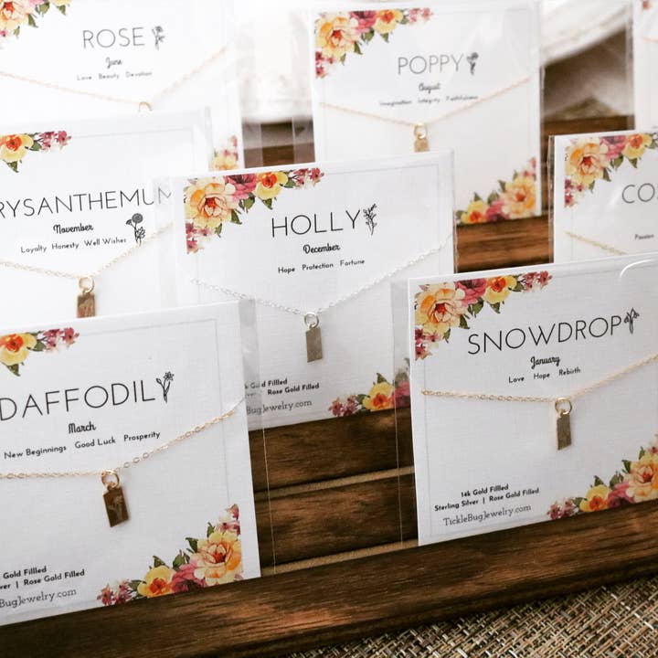 Sampler Set of 12 Birth Flower Tag Necklaces with Display for wholesale by Tickle Bug Jewelry