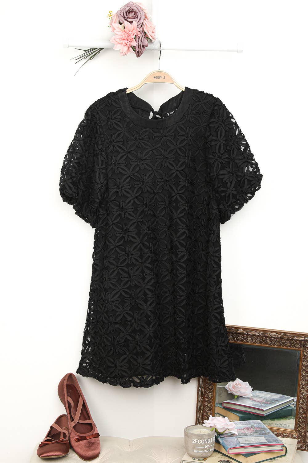 VERY J - Vente Robe – femme - VD33908-3D Mini-robe à manches bouffantes en organza à texture florale10