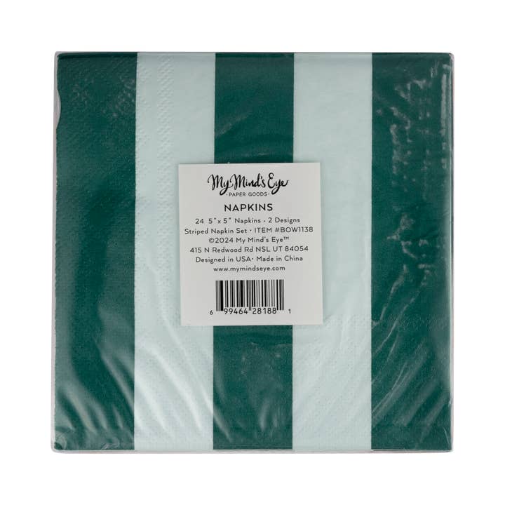 My Mind’s Eye - Wholesale Disposable Napkin - BOW1138 - Red and Pink Green and Mint Striped Cocktail Napkin Set