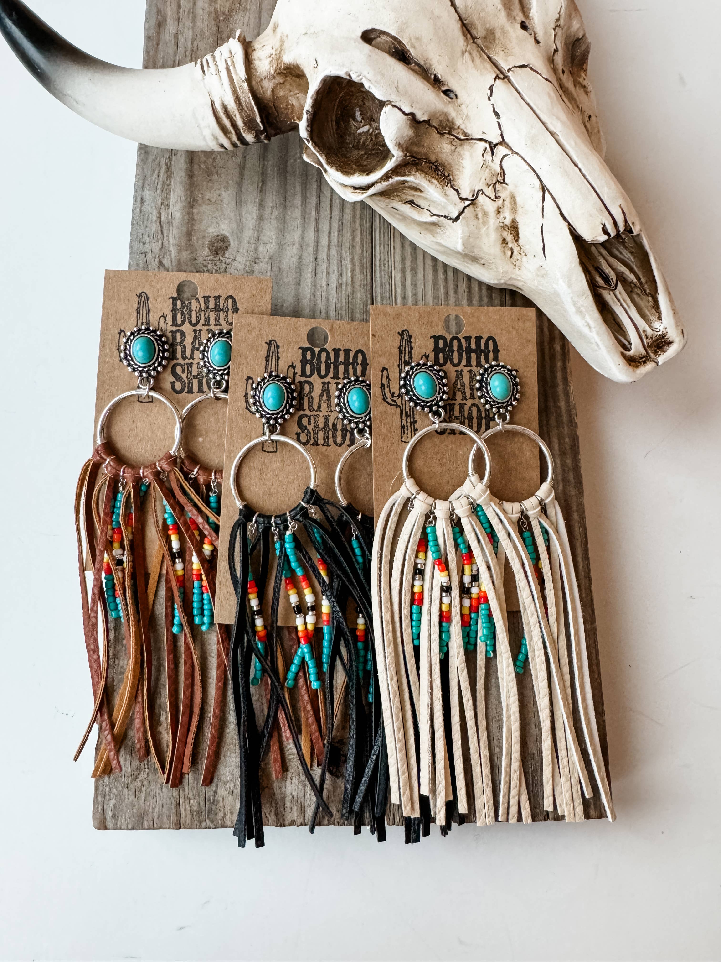Boho Ranch Shop - Vente Boucles d'oreilles à pampille - Boucles d'oreilles longues en cuir à franges occidentales