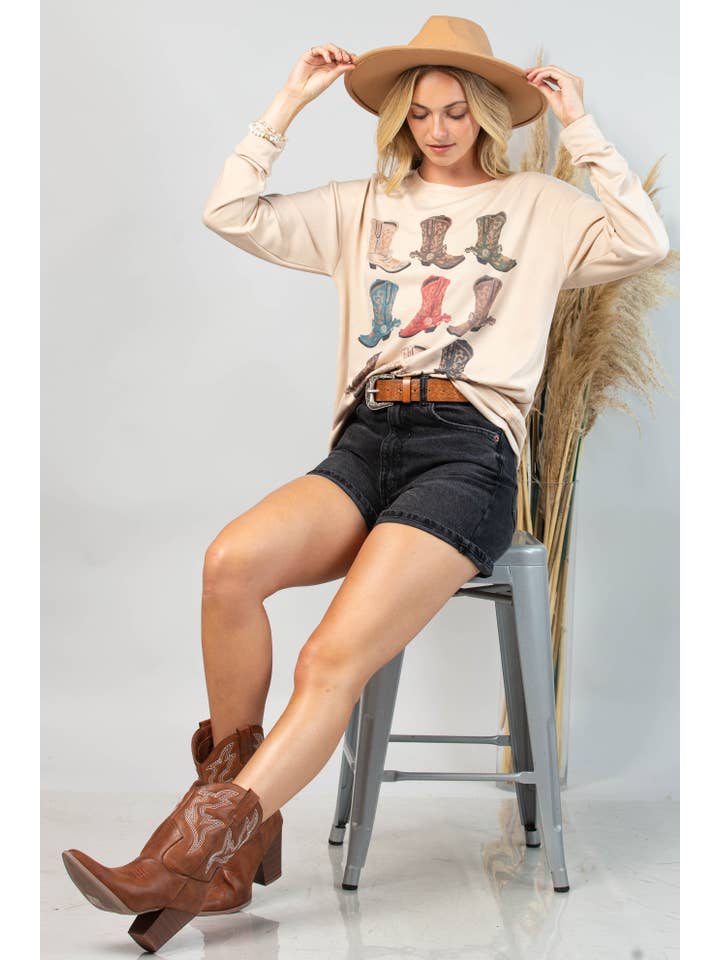 Khaki KC035-KACY WESTERN BOOOTS GRAFISK SWEATSHIRT for engroshandel på Faire
