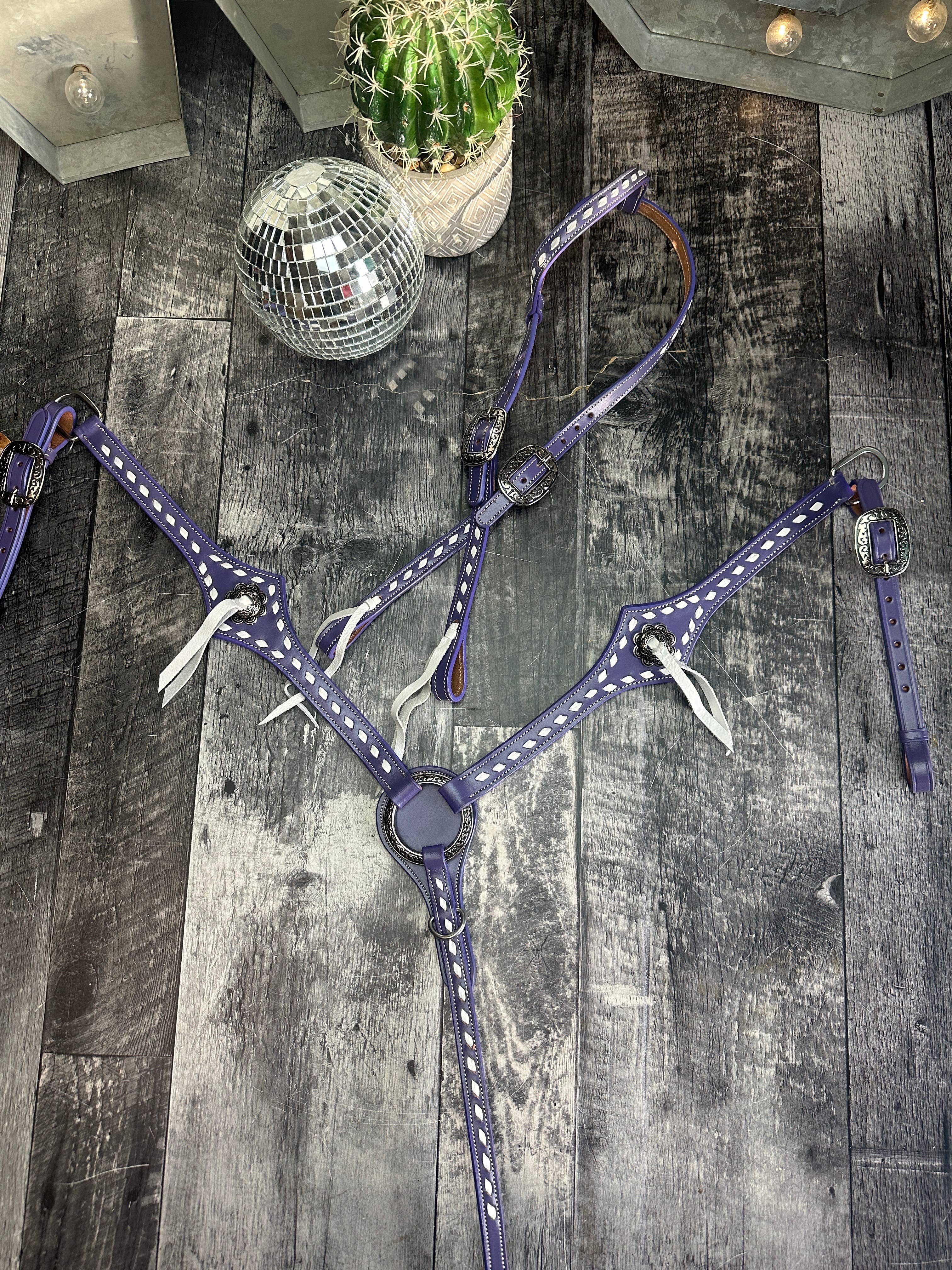Schulz Equine – wholesale Horseback riding gear – Purple Leather Headstall and Breast Collar Set9