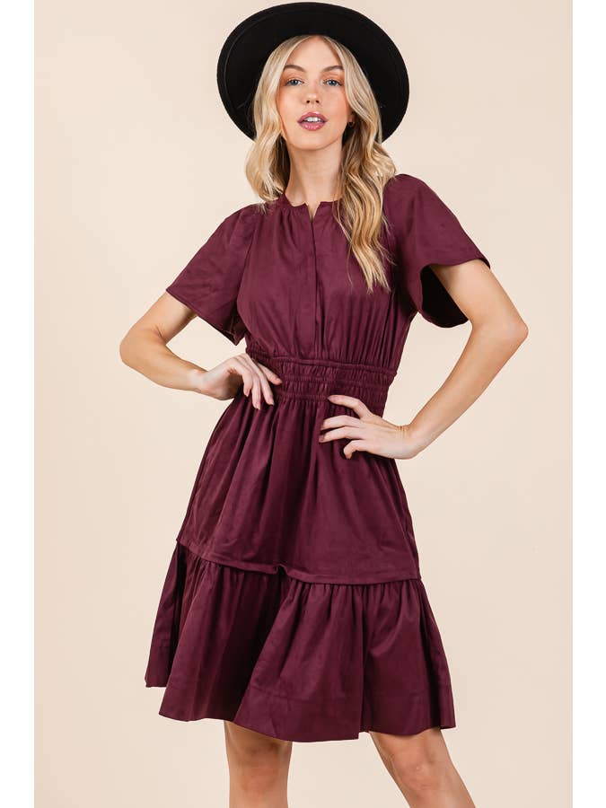 Mocha 2024 NEW - Suede Smocked Waist Short Sleeve Dress for wholesale on Faire