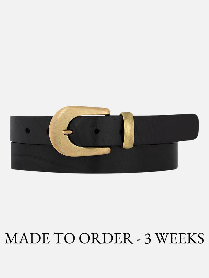 MADE TO ORDER Annie | Gold Buckle Skinny Leather Belt Women for wholesale by Amsterdam Heritage Leather Belts, Bags, Jackets & Apparel