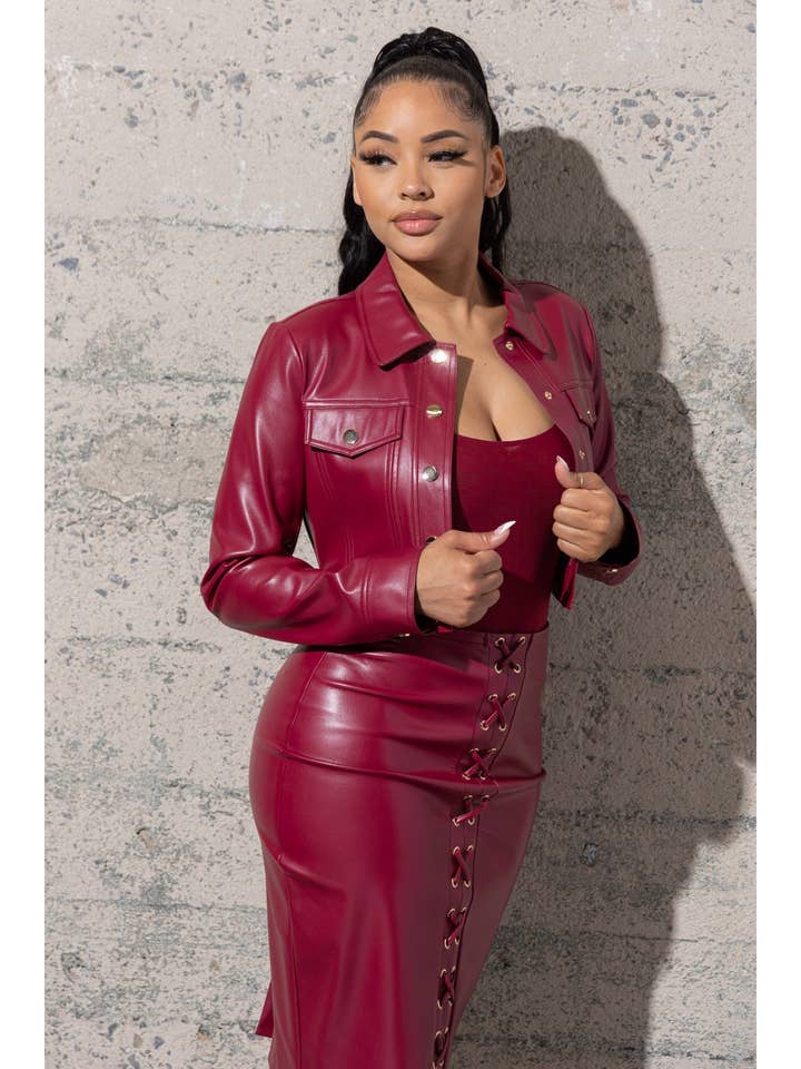 Melrose with Love - Wholesale Leather Jacket - Women's - STRETCHY BUTTON UP POLYURETHANE CROP JACKET16