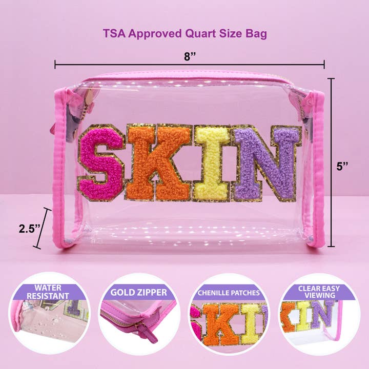 Natalia - Wholesale Makeup/Cosmetic Bag - Preppy Skincare Bag, Chenille Varsity Letter Travel Pouch4