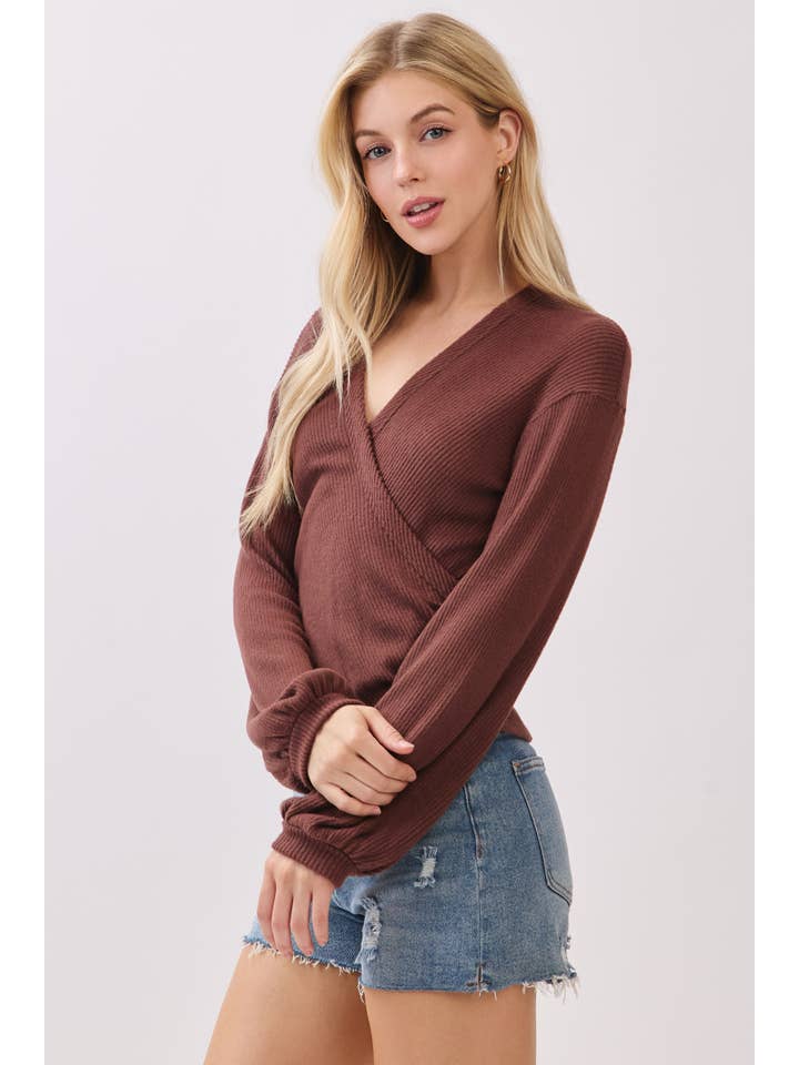 Final Touch – Engroshandel Strikket top - Dame – Børstet Ribbet Surplice Langærmet Top - NT315418