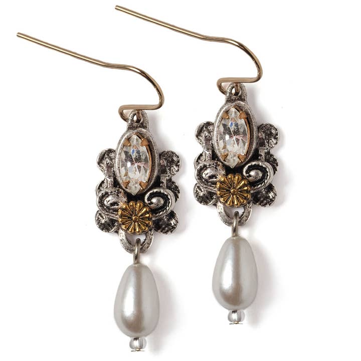 Whispers of Versailles Silver Toned Earring with Pearl Drop for wholesale by Elements Jill Schwartz