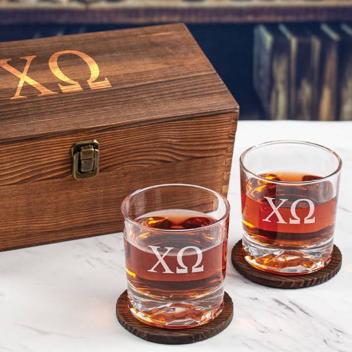 MB Brands Inc – wholesale Cocktail/liquor glass – Chi Omega Custom Engraved Personalized Whiskey Glasses In Wood Gift Box