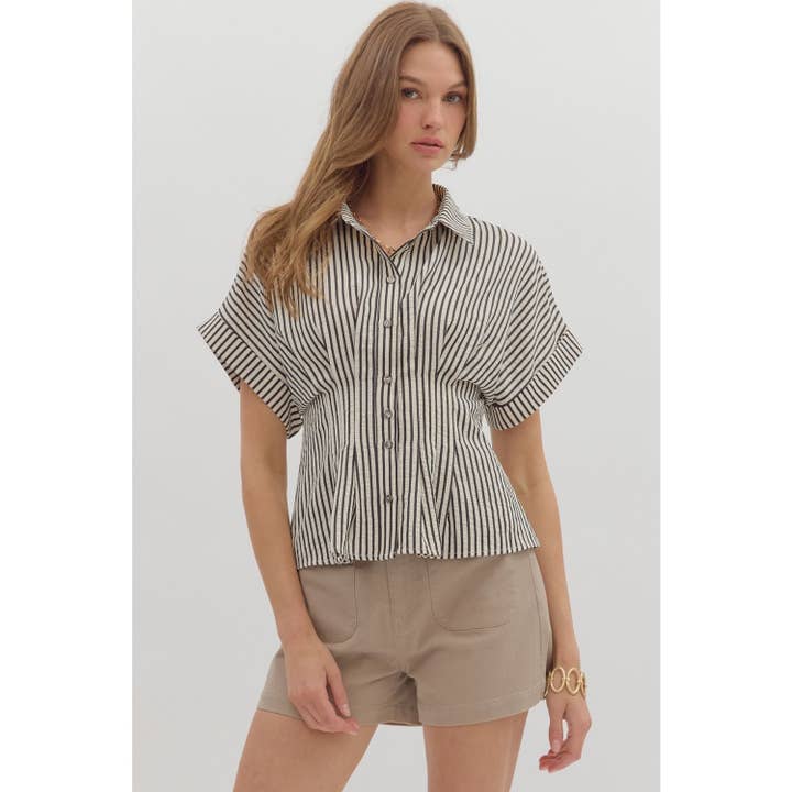 STYLE USA - Wholesale Tunic - Women's - Stripe collar button front pleated top14