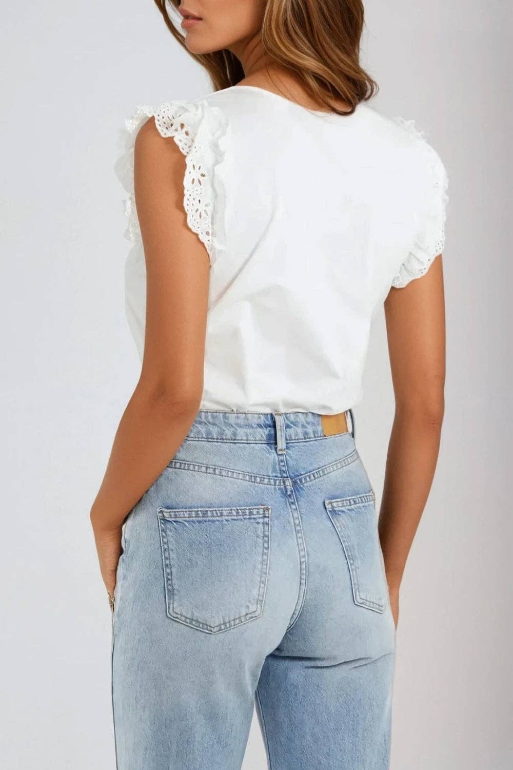 Aftershock London – wholesale Blouse – Women’s – White Ruffle Broderie Anglaise Sleeve T-Shirt1