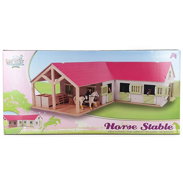 American Hobbies & Merchandising - Wholesale Wood Toy - Kids - Kids Globe 1:24 Scale Wood Horse stable Toy W/ 4 Stalls Pink