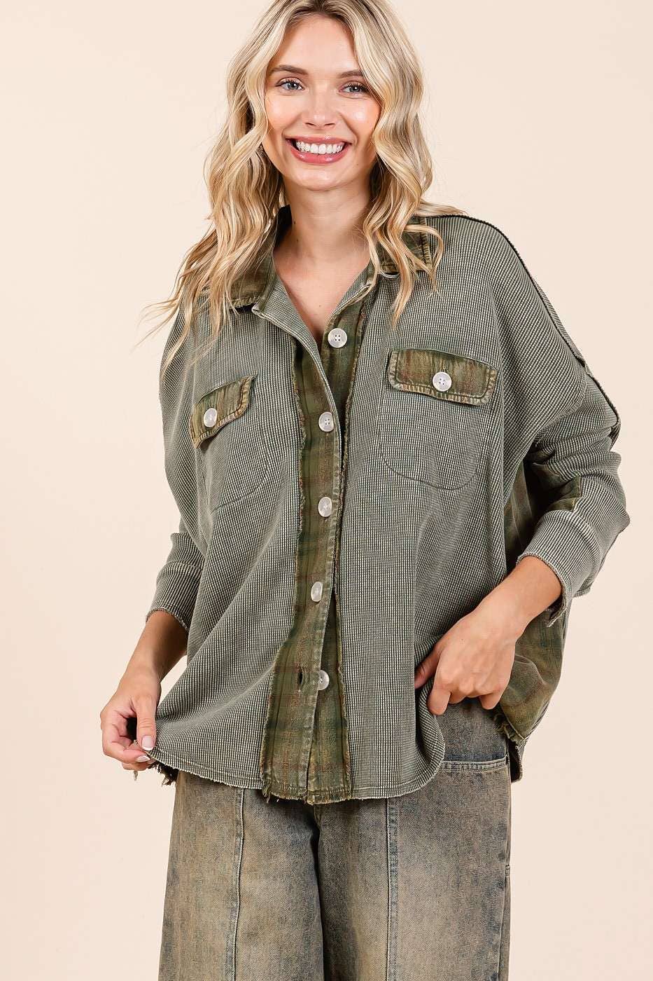 mittoshop - Wholesale Shirt Jacket/Shacket - Women's - MINERAL WASH PLAID CONTRAST WAFFLE KNIT SHACKET13