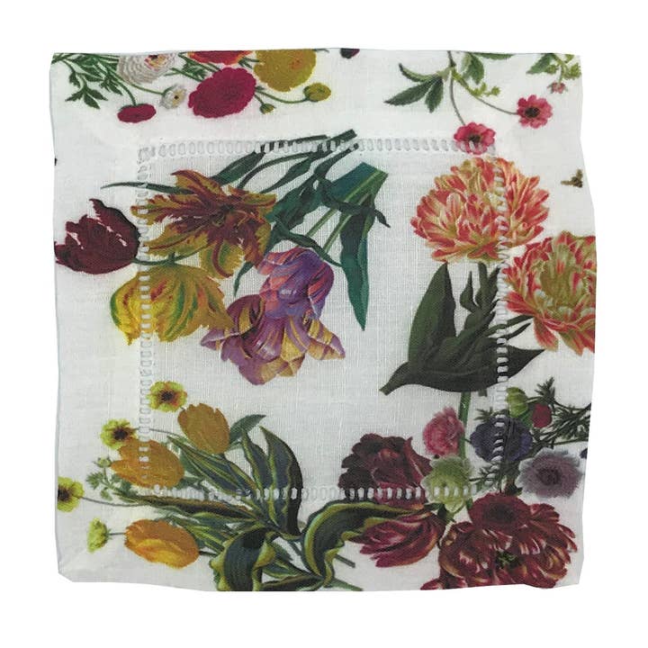 Tovaglioli da cocktail Flora Fauna White 15x15 cm con orlo a giorno per la vendita all'ingrosso da parte di Nicolette Mayer Collection