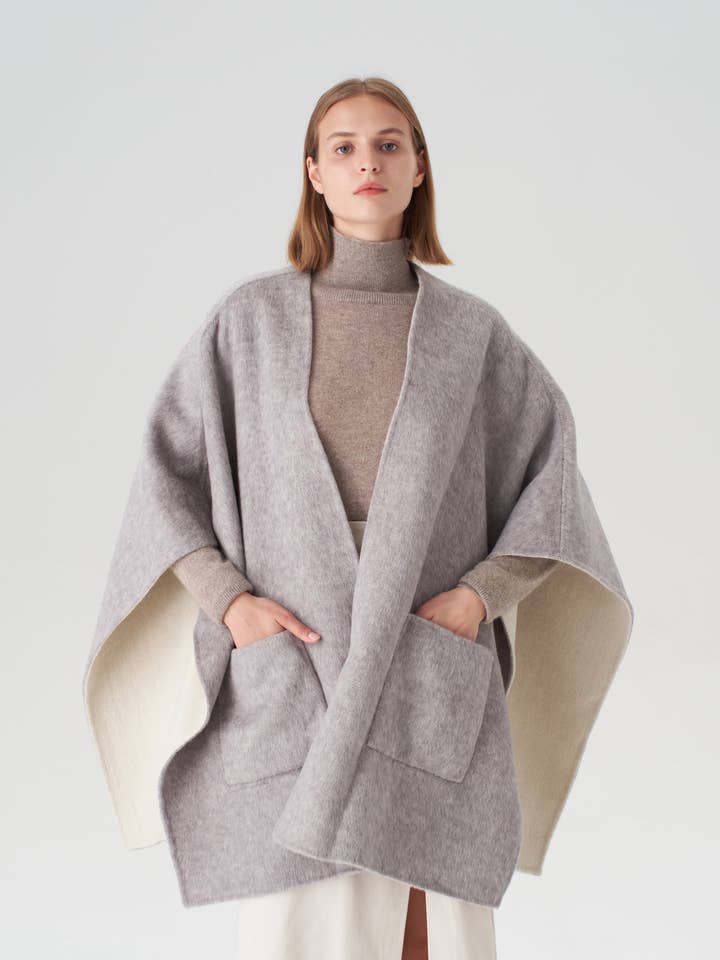 Vändbar kappa i kashmir och siden – grå/beige för wholesale av Pissenlit
