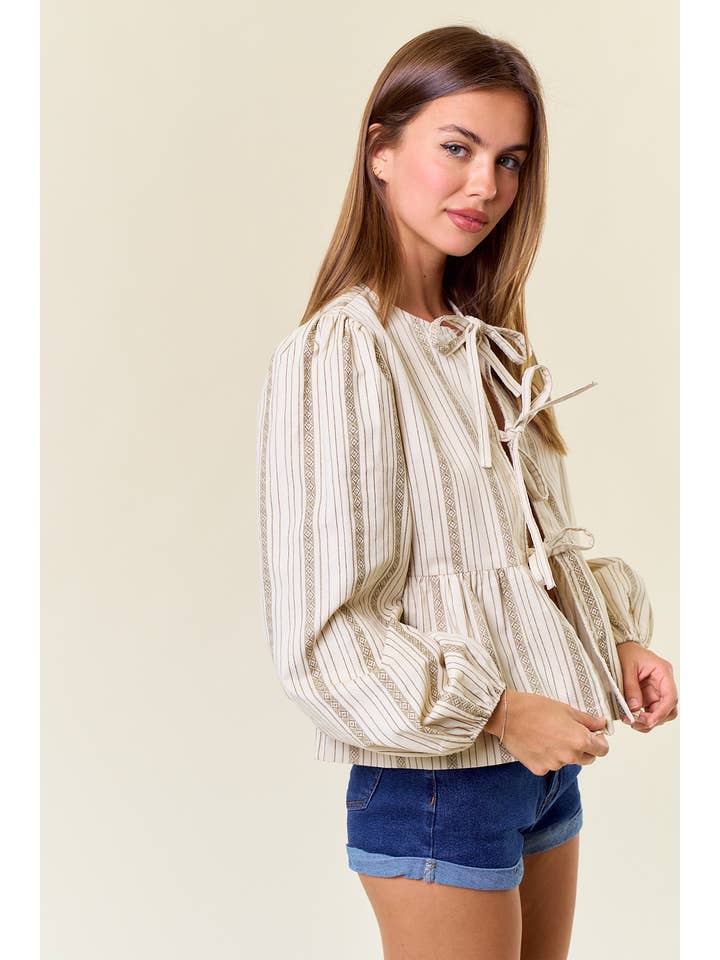 Doe and Rae - Wholesale Blouse - Women's - Corduroy Long Sleeve Bow Tie Front Peplum Blouse - 44762T-17