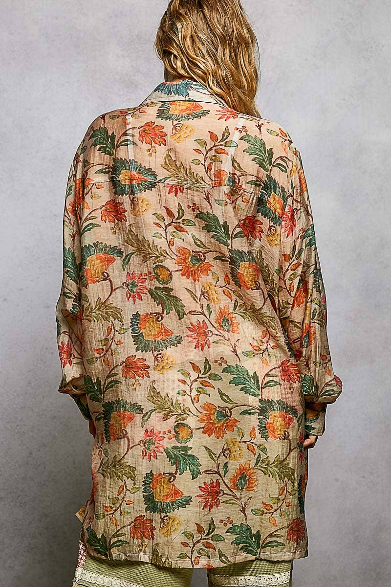 Pol Clothing - Wholesale Button Down Shirt - Women's - Boho Floral Print Long Sleeve Oversized Woven Shirt Top8
