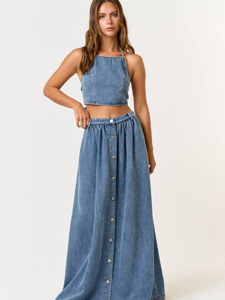 MEDIUM WASH IBS30944 DENIM HALTER BACK TIE CROP TOP AND MAXI SKIRT SET for wholesale on Faire