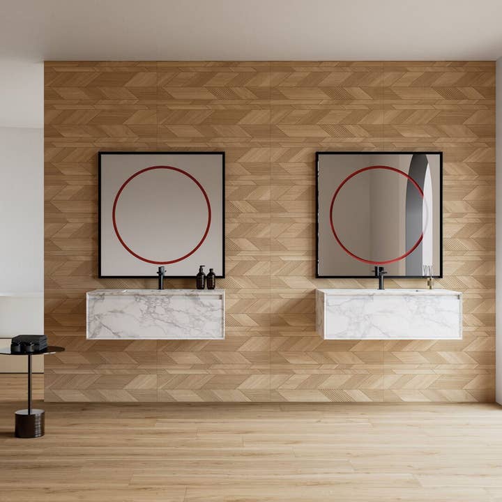 Dimensi | 12"x36" Dark Oak Chevron Ceramic Deco Wall Tile for wholesale by Soho Surfaces