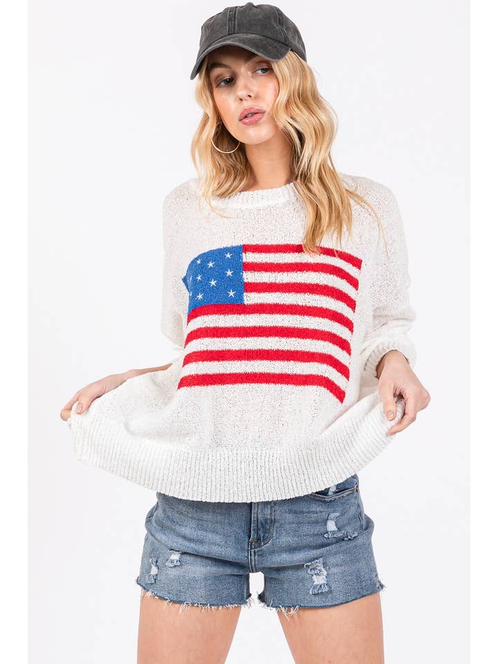 WHITE RED BLUE AMERICAN FLAG SWEATER TOP for wholesale on Faire