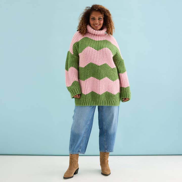 Cara & The Sky - Wholesale Dress - Women's - Nelly Chevron Roll Neck Knitted Jumper Dress - Pink4