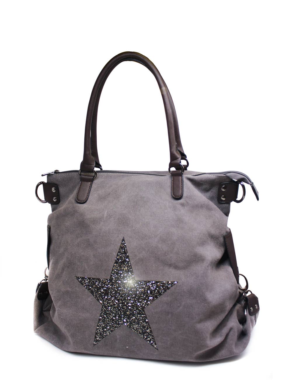 Ellas Trading – wholesale Shoulder bag – women's – Sparkling Glitter Star Canvas Expandable Shoulder Tote9