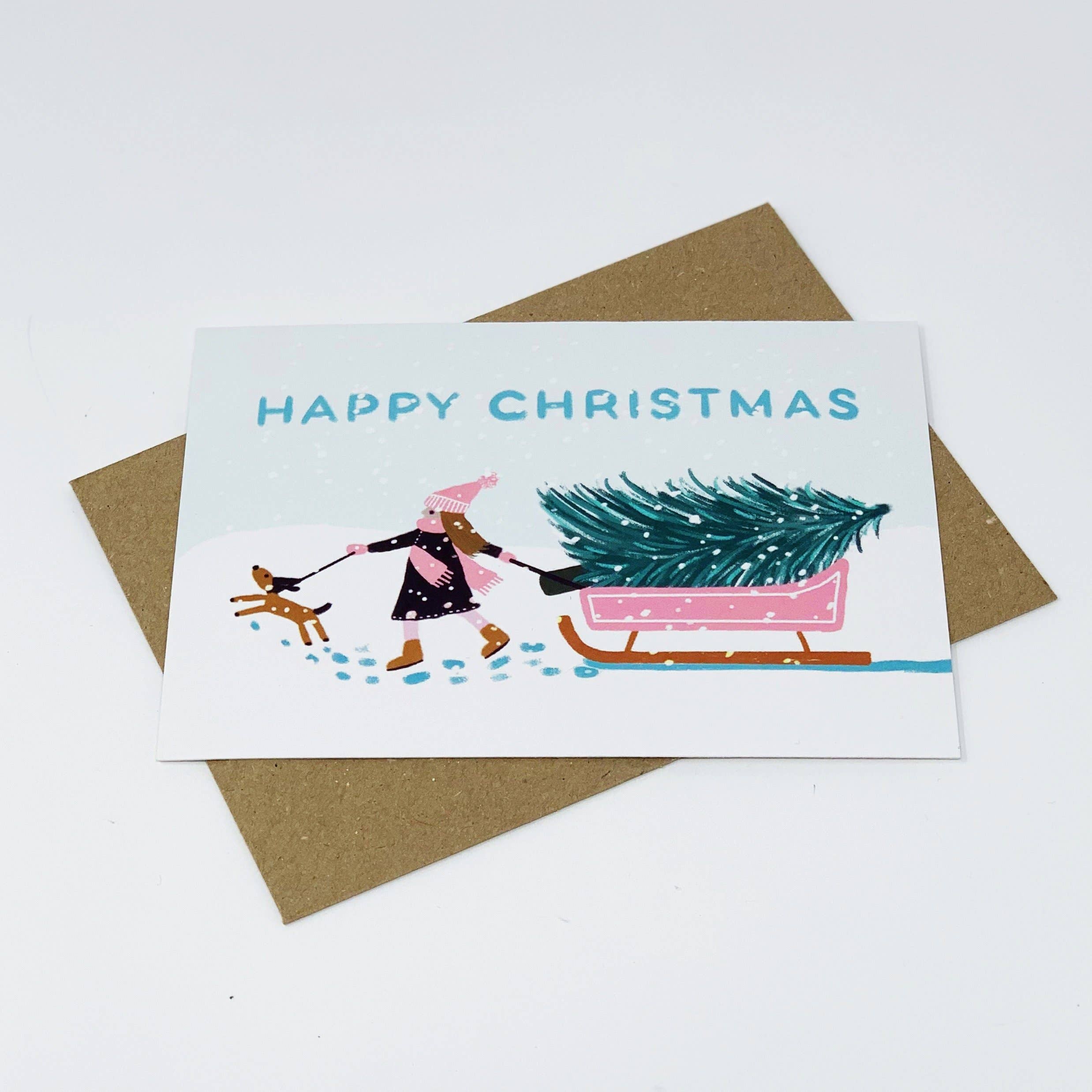 Lomond Paper Co – wholesale Christmas card – Girl with Pink Sledge - Happy Christmas4