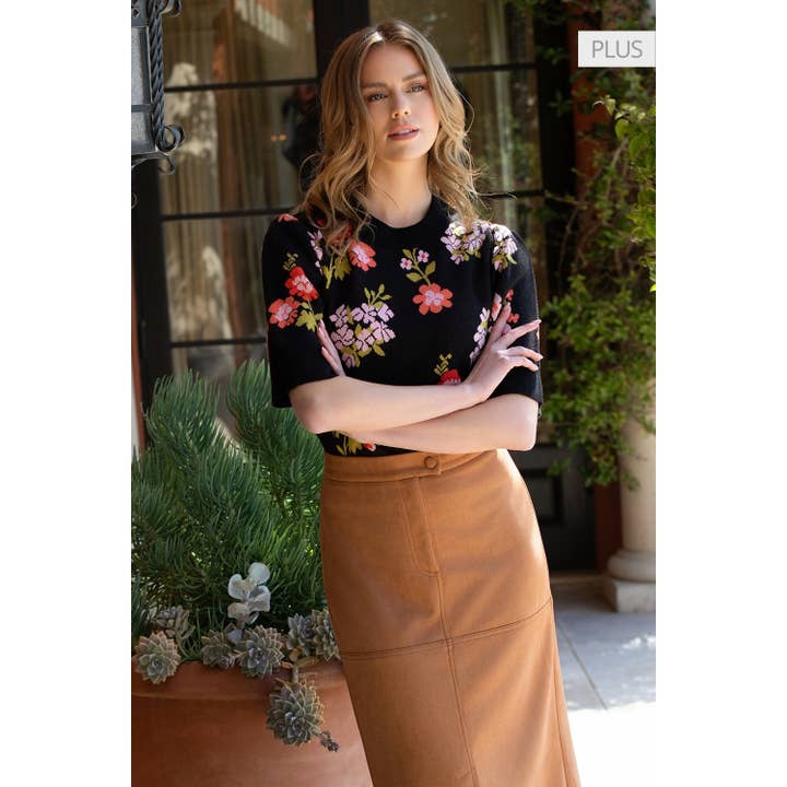 BLACK /Size XL/ Short Sleeve Flower Knit Top for wholesale on Faire