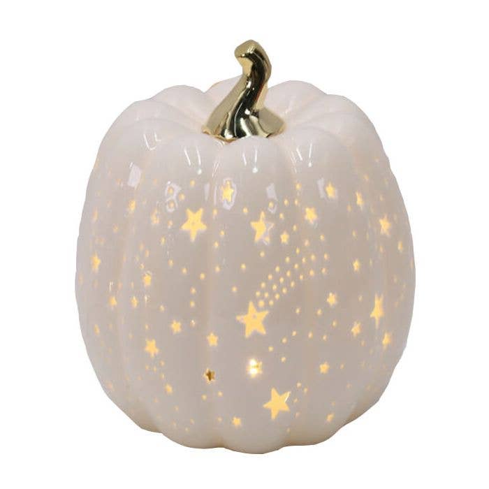 Autumn Led Pumpkin Ornament White Ceramic With Cutout Stars for wholesale by Langs