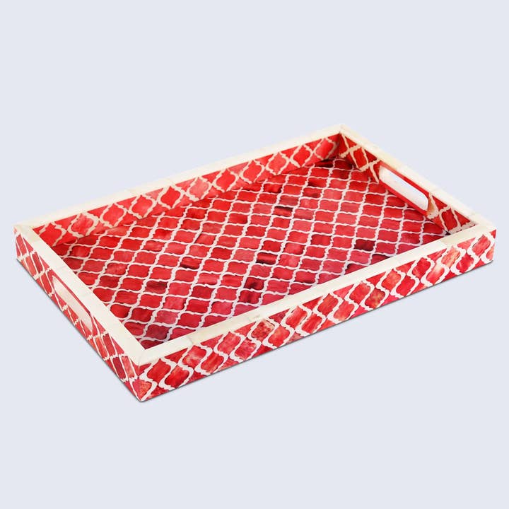 Trays Moroccan Bone & Resin Inlay Collection in 3 , Red for wholesale by Muqeem & Brothers
