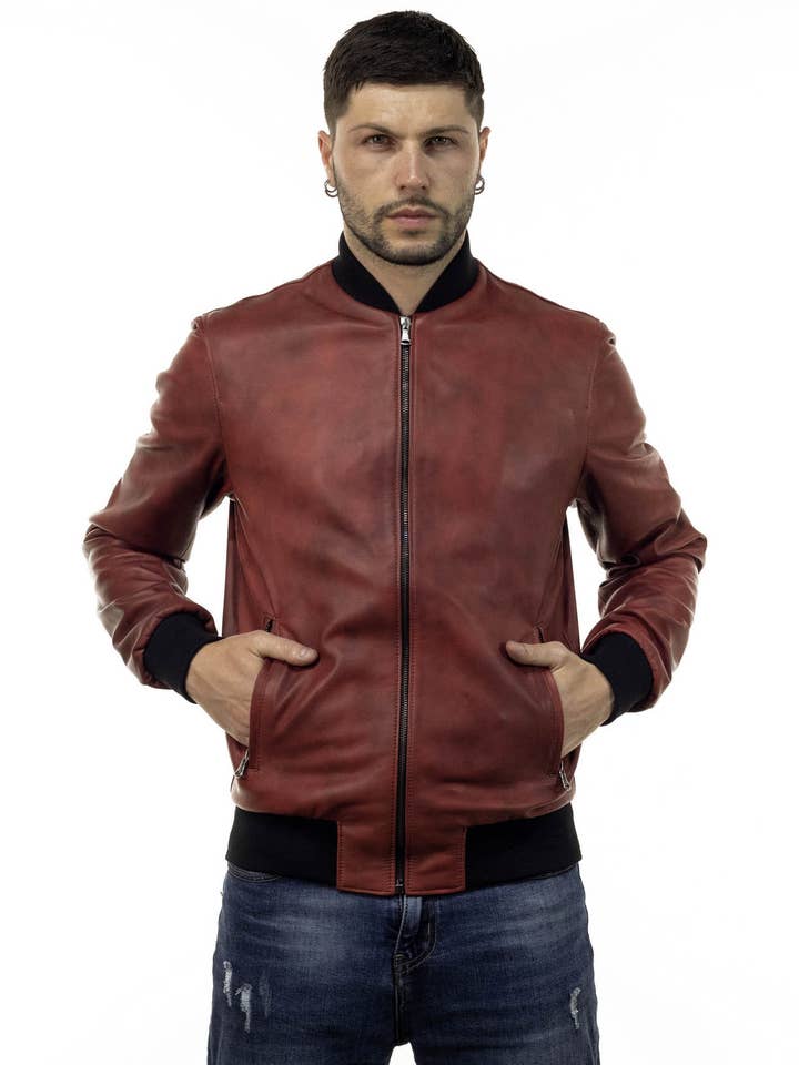 David Mænds Bourgogne ægte læder bomberjakke for engroshandel hos Michelangelo srls