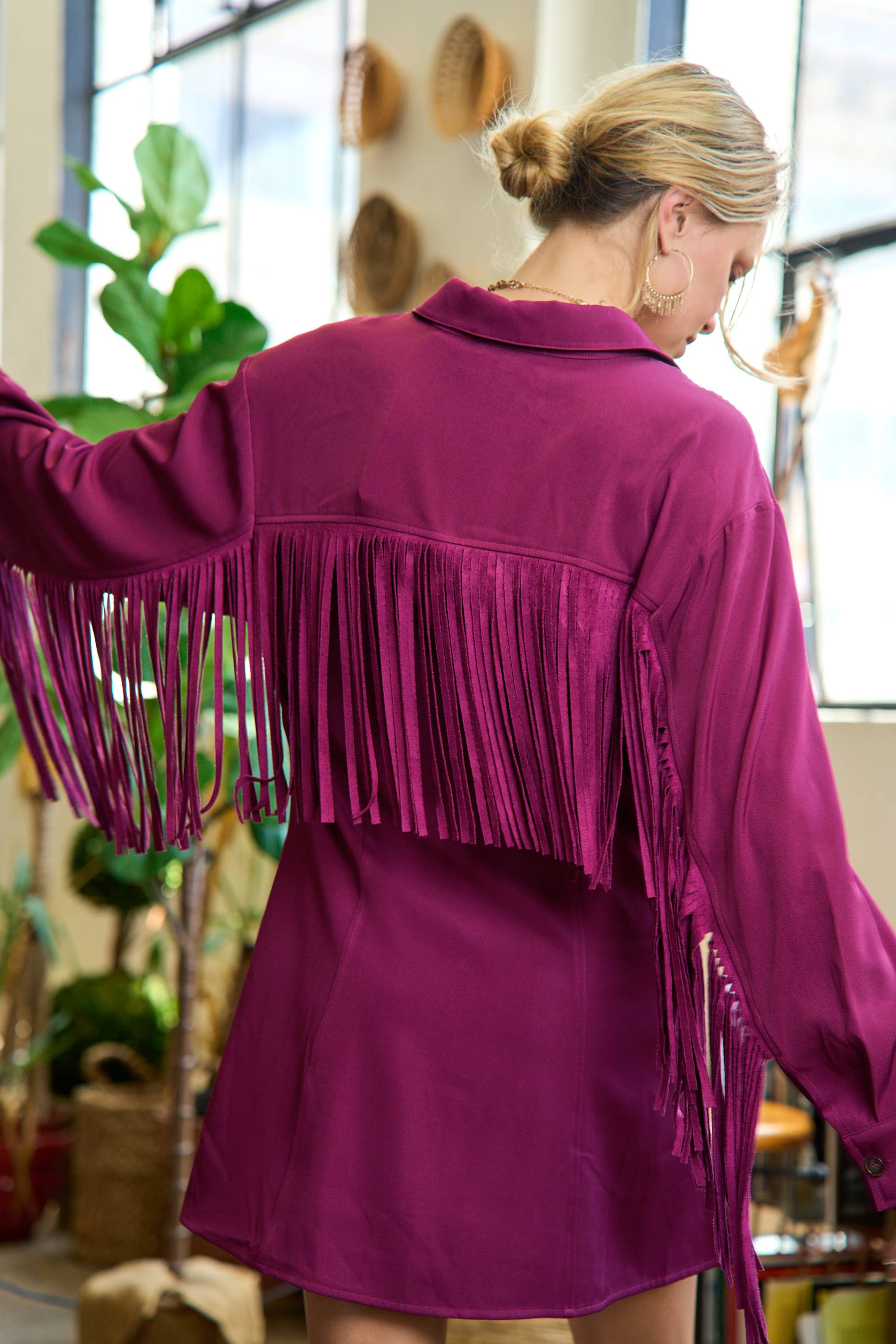 JADE BY JANE - Wholesale Dress - Women's - Western Fringe Trim Woven Shirt Dress JJD501714