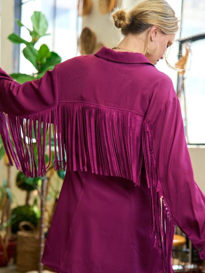 JADE BY JANE - Wholesale Dress – Women's - Western Fringe Trim Woven Shirt Dress JJD501714