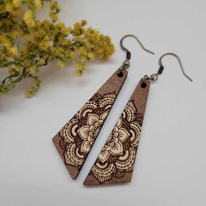 Natural Rustic Mandala Wood Earrings for wholesale by Elskas Designs