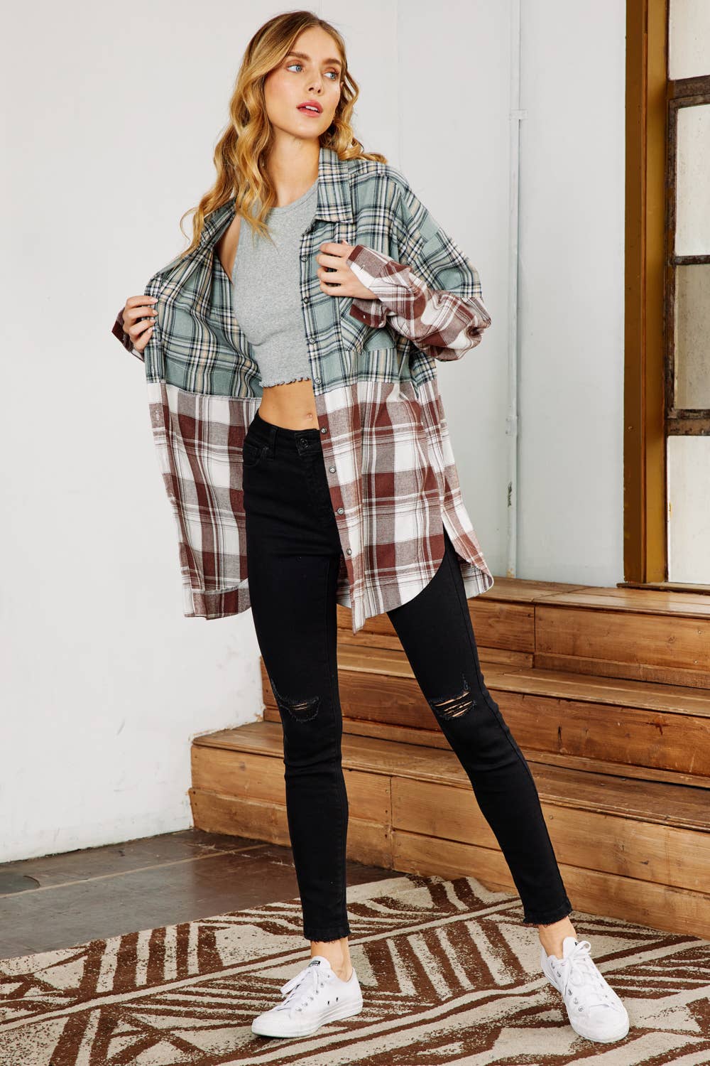 FSL Apparel - Wholesale Button Down Shirt - Women's - IJ1059 - MIXED PLAID  BUTTON DOWN OVERSIZED SHIRT13